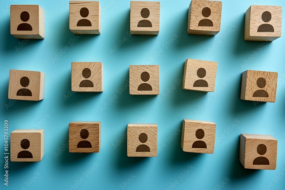 Obraz premium Team Collaboration Wooden Blocks with People Icons on Blue Background