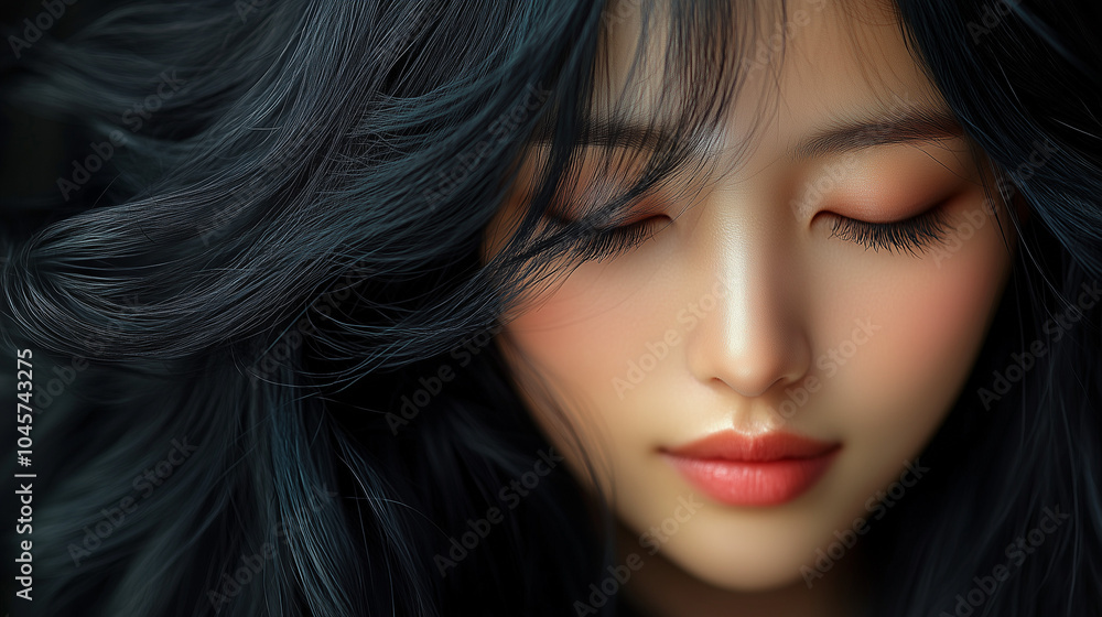 Fototapeta premium A young Korean woman with long flowing black hair and serene expression in a soft light setting