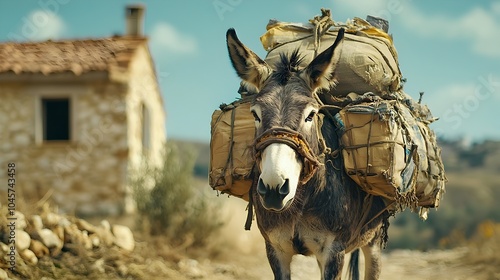 Hardworking Donkey Struggling to Carry Excessive Load Across Countryside Setting Showcasing the Resilience and Strain of Rural Transportation