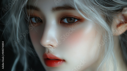 A close-up portrait of a young woman with striking features and silver hair, captured in soft lighting revealing her unique beauty