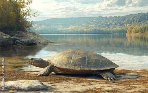 A Stupendemys turtle gracefully glides through the calm, reflection-filled waters of a winding river, its massive frame and powerful strokes navigating the serene, forested landscape effortless ease photo