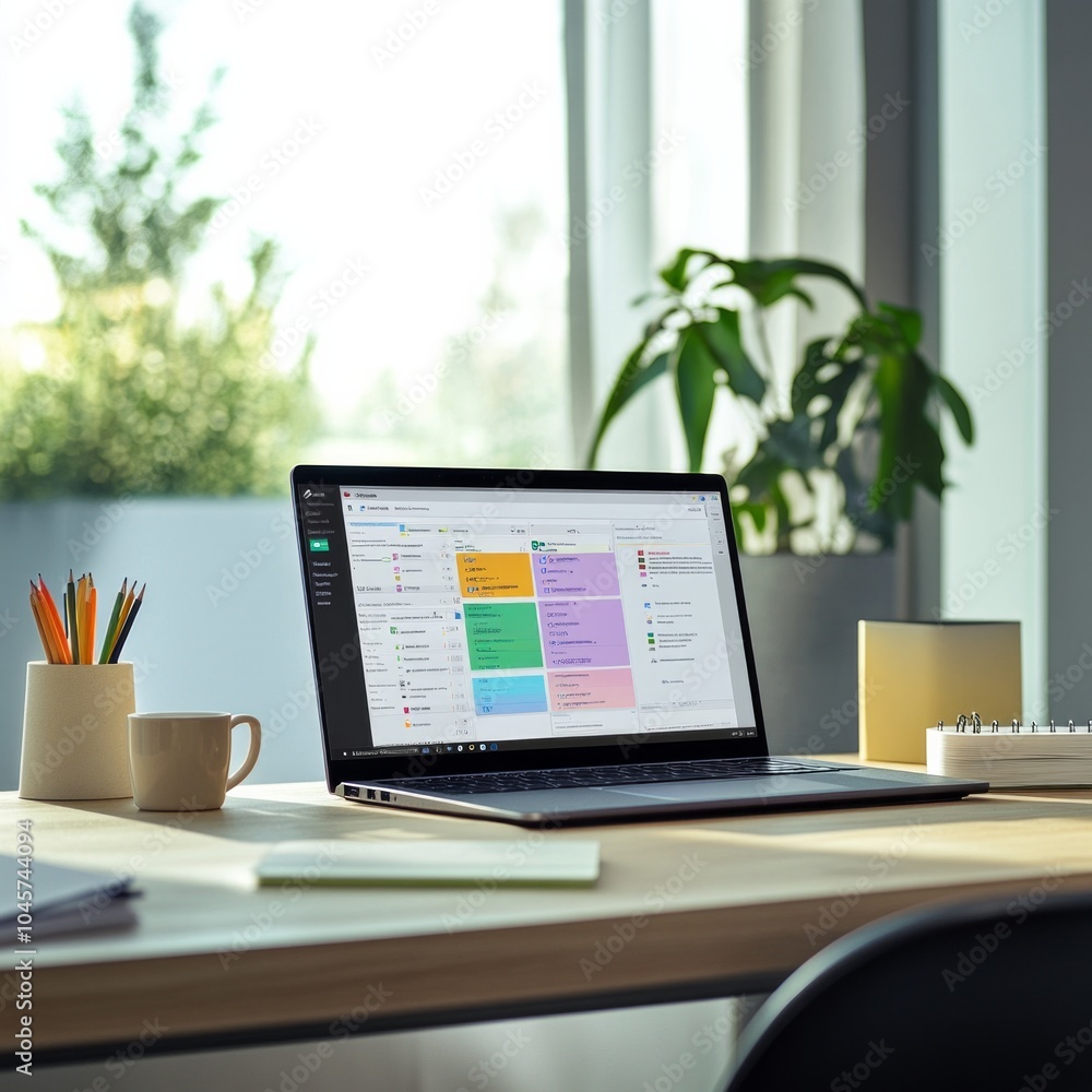 Modern workspace with open laptop and office supplies in bright setting Modern workspace with open laptop and office supplies in bright setting