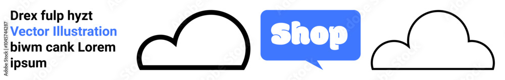 Three outlined cloud shapes with a blue speech bubble containing the word Shop and placeholder text at the left side. Ideal for online stores, marketing, advertising, weather, technology. Banner
