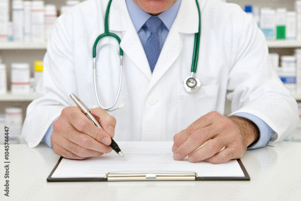 Doctor writing prescription in pharmacy with stethoscope and medical supplies Doctor writing prescription in pharmacy with stethoscope and medical supplies