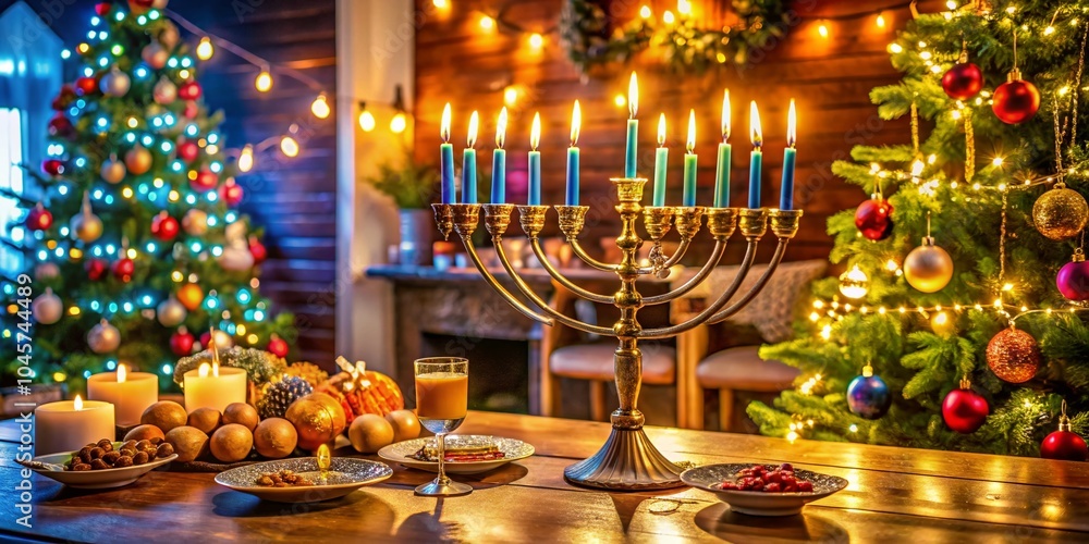 Hanukkah and Christmas Celebration with Warm Lights and Festive Decor Hanukkah and Christmas Celebration with Warm Lights and Festive Decor