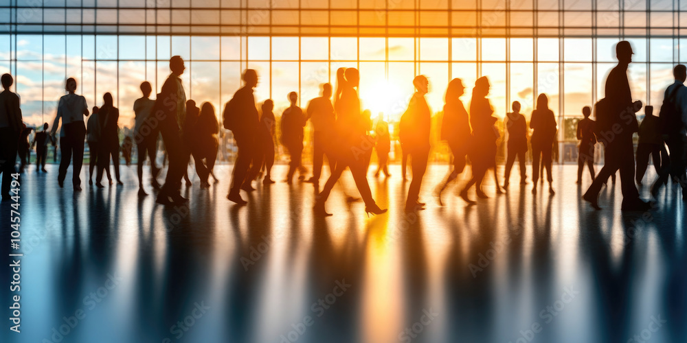 Fototapeta premium Silhouetted crowd in modern building with sunset background