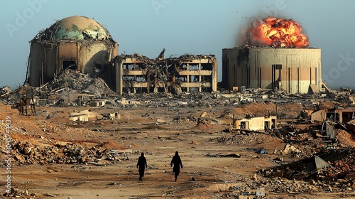 Iconic Middle Eastern landmarks like ancient temples palaces and towering skyscrapers reduced to piles of rubble and dust after a devastating nuclear explosion ravaged the region photo