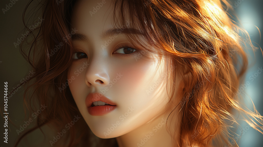 A close-up portrait of a young Korean woman featuring soft lighting and natural curly hair in an intimate indoor setting during the afternoon A close-up portrait of a young Korean woman featuring soft lighting and natural curly hair in an intimate indoor setting during the afternoon