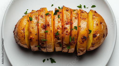 Close-up of perfectly roasted Hasselback potato with golden crispy layers, perfect for food photography, recipe presentations, and gourmet culinary projects representing comfort food and delicious photo