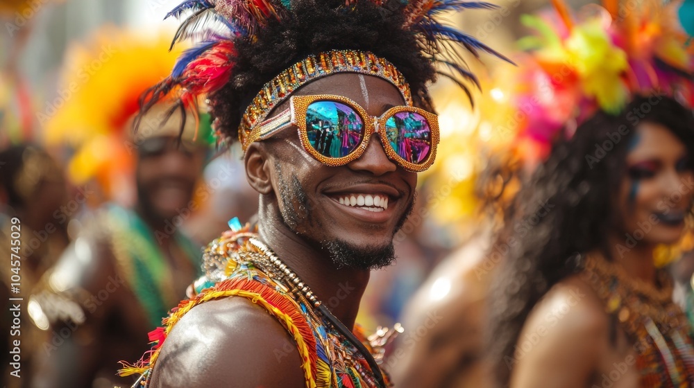 Happy Man in Carnival Costume with Feather Headpiece and Sunglasses Happy Man in Carnival Costume with Feather Headpiece and Sunglasses