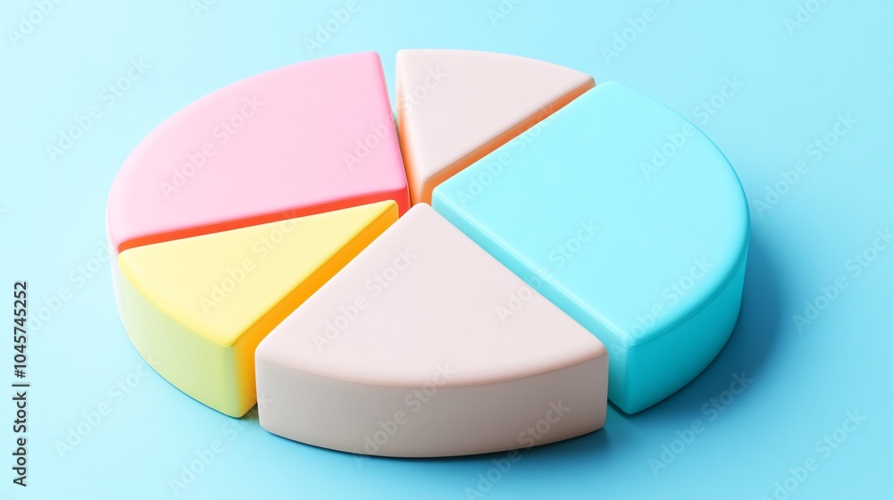 Obraz premium A visually appealing 3D pie chart with soft edges, featuring pastel slices. Ideal for business presentations and data visualizations, enhancing clarity and style.