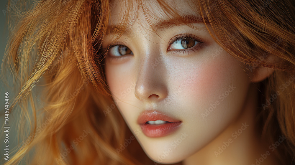 Close-up portrait of a young Korean woman with flowing hair illuminated by soft natural light in a cozy indoor setting Close-up portrait of a young Korean woman with flowing hair illuminated by soft natural light in a cozy indoor setting