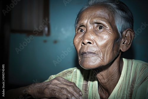 Elderly wisdom: portrait of a pensive senior woman in deep thought photo