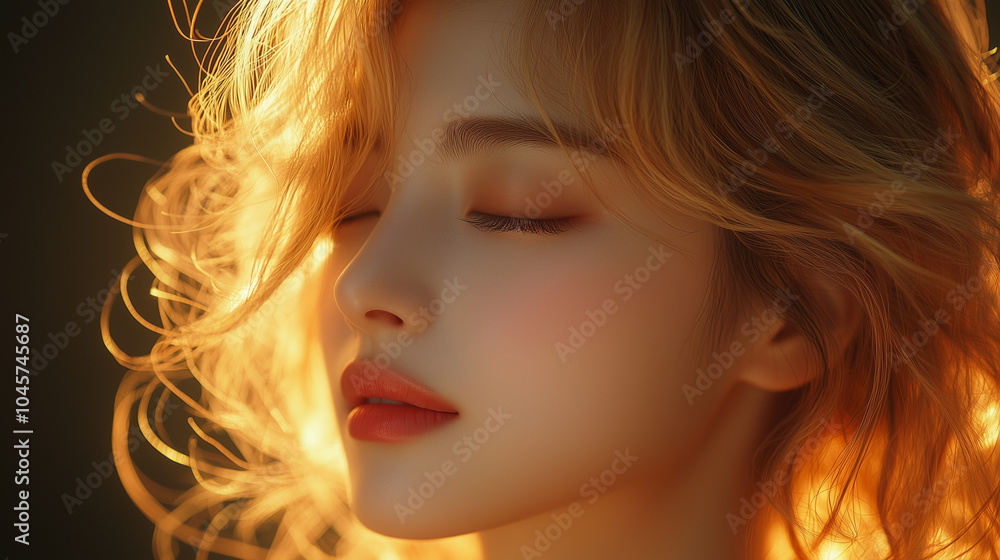 Fototapeta premium A woman with flowing blonde curls enjoys the warm glow of sunset light in a tranquil setting, capturing a moment of serenity and beauty