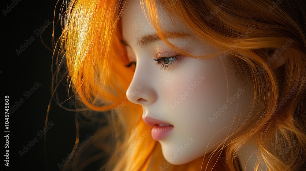 A young woman with vibrant orange hair poses gracefully in soft lighting, showcasing her delicate features and serene expression A young woman with vibrant orange hair poses gracefully in soft lighting, showcasing her delicate features and serene expression