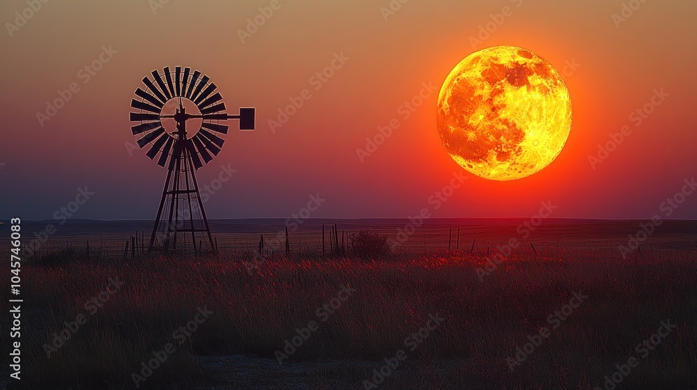 A serene landscape featuring a windmill against a vibrant sunset and large moon. A serene landscape featuring a windmill against a vibrant sunset and large moon.