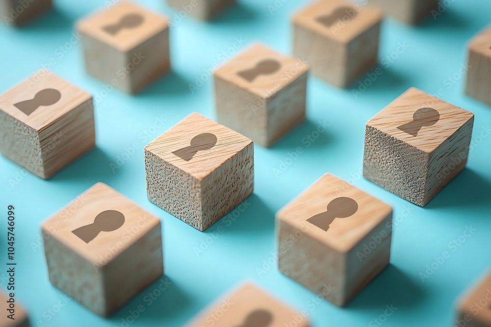 Wooden Blocks with Keyhole Symbols on Blue Background - Security and Teamwork Wooden Blocks with Keyhole Symbols on Blue Background - Security and Teamwork