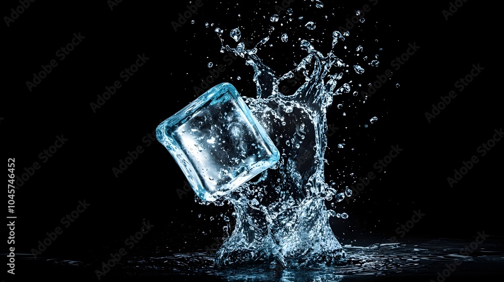 Mesmerizing image of a glowing blue tinted ice cube dramatically plunging into water creating a burst of vibrant splashes and ripples against a sleek black background Mesmerizing image of a glowing blue tinted ice cube dramatically plunging into water creating a burst of vibrant splashes and ripples against a sleek black background