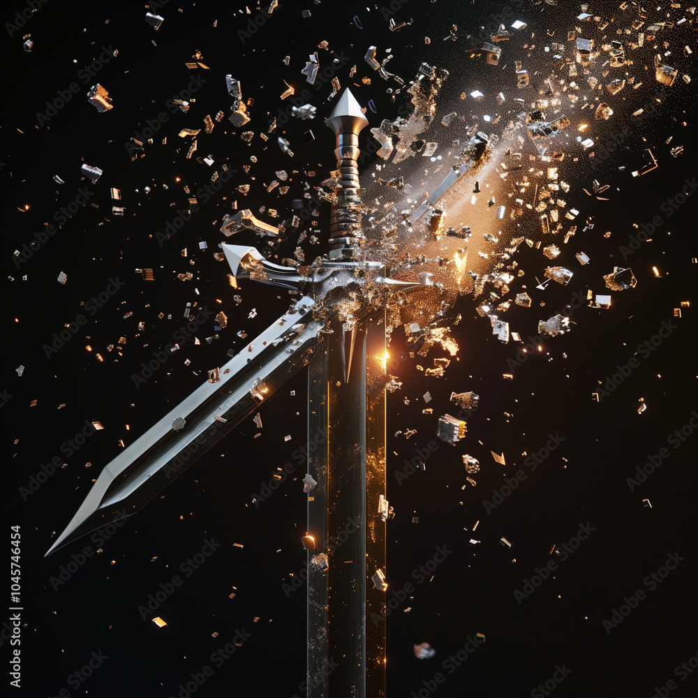 Naklejka premium Radiant Sword with Exploding Golden Shards and Glow