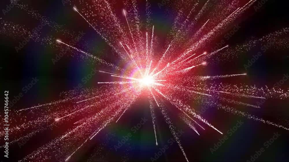 Abstract glowing red and white sparkles bursting from the center on a dark background. Abstract glowing red and white sparkles bursting from the center on a dark background.