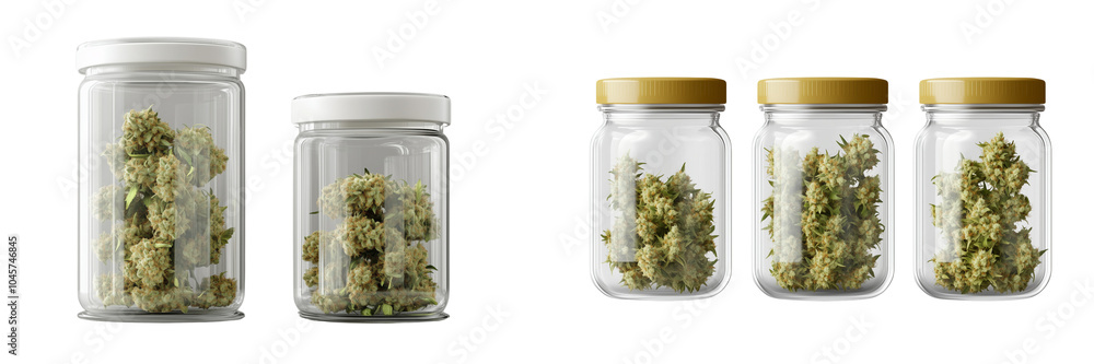 Set of a Cannabis buds in glass jars, isolated on a transparent background. Set of a Cannabis buds in glass jars, isolated on a transparent background.