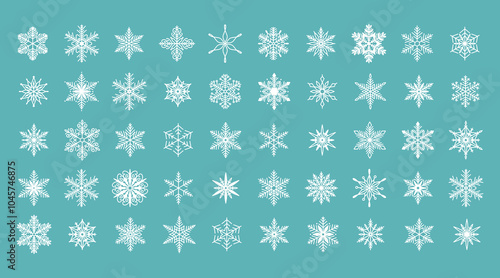 Unique snowflakes set, detailed hand drawn flat vector line illustration. Graphic outline drawing. Christmas and New Year symbol. Beautiful snowflake silhouette icon for frosty winter designs.
