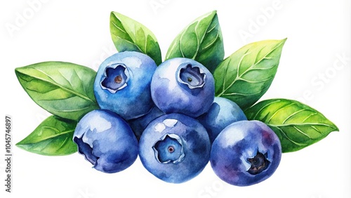 Watercolor painting of blueberries and leaves on white background