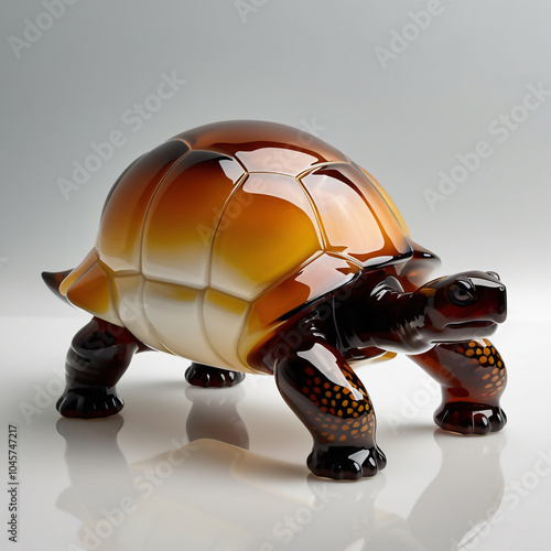 Realistic glass sculpture of an African spurred tortoise with intricate amber-brown shell and lifelike details, showcasing glossy craftsmanship, generative ai photo