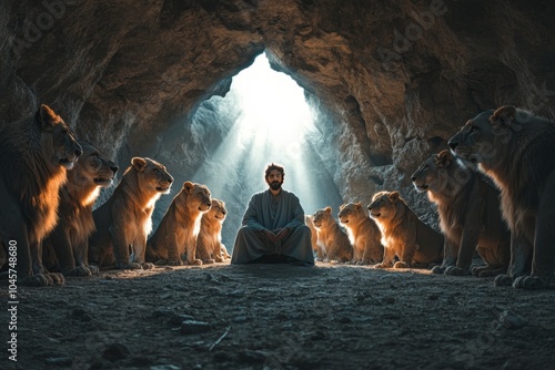 Serene Daniel in the lion s den at night  a glowing encounter with majestic lions, Biblical religious stories, illustrations Christian faith in God photo