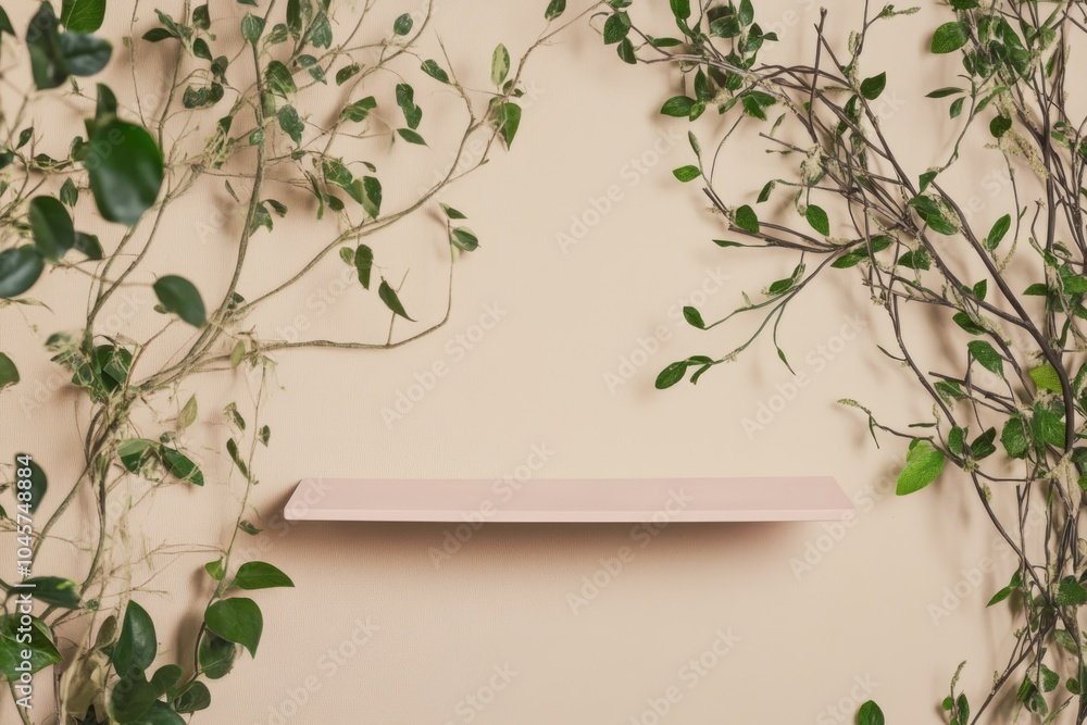 Minimalist Wooden Shelf with Greenery for Nature-Themed Interior Design Minimalist Wooden Shelf with Greenery for Nature-Themed Interior Design
