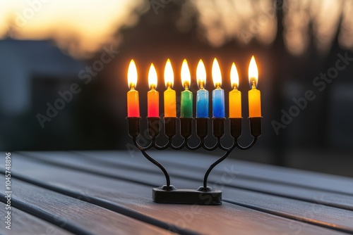 Illuminating the festival of lights a stunning menorah display with colorful candles against a beautiful sunset background photo