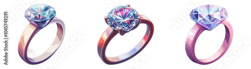 3D sparkling diamond rings in purple and blue tones isolated transparent background perfect for jewelry branding designs