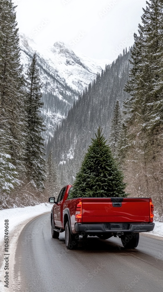 A truck with a large Christmas tree loaded in the back drives along a snowy forest path, with snow gently falling around the scenic surroundings A truck with a large Christmas tree loaded in the back drives along a snowy forest path, with snow gently falling around the scenic surroundings