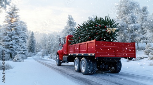 A truck with a large Christmas tree loaded in the back drives along a snowy forest path, with snow gently falling around the scenic surroundings photo