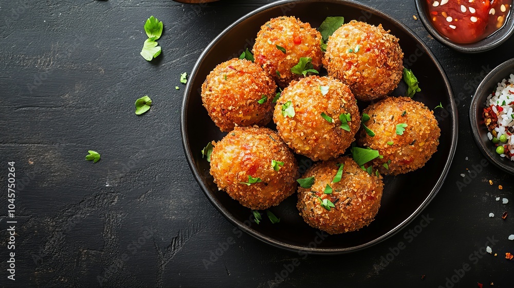 Arancini. The most popular Italian dishes. Golden-brown rice balls, often with a crispy exterior. Risotto, cheese or meat filling, breaded and fried. Arancini. The most popular Italian dishes. Golden-brown rice balls, often with a crispy exterior. Risotto, cheese or meat filling, breaded and fried.