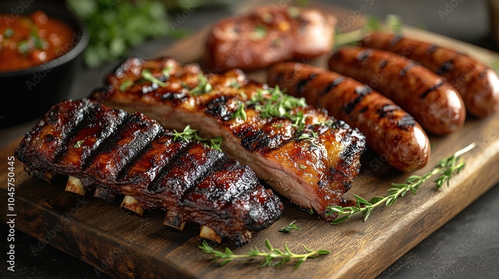 A delicious assortment of grilled meats on a wooden platter, garnished with herbs. A delicious assortment of grilled meats on a wooden platter, garnished with herbs.