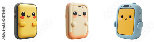 3D cute mobile phone characters with smiling faces isolated transparent background perfect for tech-themed children’s designs