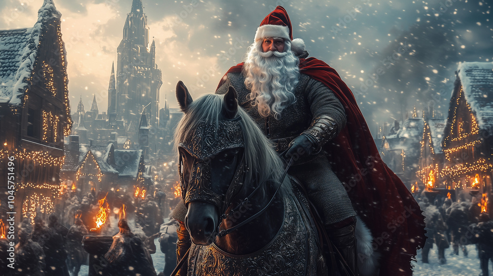Naklejka premium Santa Claus on horseback in medieval village during Christmas celebration 