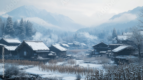 Traditional Japanese village in winter with snow-covered rooftops and misty mountains 