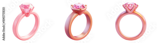 3D pink heart-shaped engagement rings isolated transparent background perfect for wedding or jewelry-themed designs