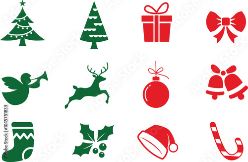 Red and green icon set of christmas xmas ornament decoration decor Santa Claus tree gift celebration. Icons, flat vector illustrations. Isolated on white, transparent background