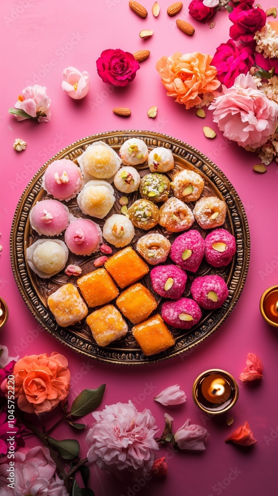 Vibrant Array of Traditional Diwali Sweets on Decorative Plate Surrounded by Colorful Rangoli and Diyas Vibrant Array of Traditional Diwali Sweets on Decorative Plate Surrounded by Colorful Rangoli and Diyas