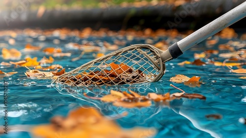 Skimming and Removing Floating Leaves Twigs and Debris from the Surface of a Backyard Pool Pond or Other Water Body Using a Handheld Pool Net Tool for Maintenance and Cleaning