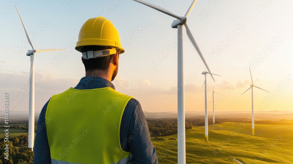 Wind Turbine Operator at Sunset in a Green Landscape Wind Turbine Operator at Sunset in a Green Landscape