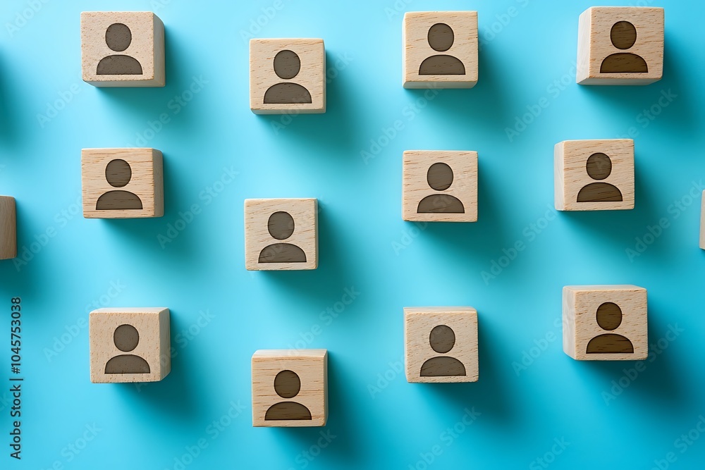 Wooden Blocks with Person Symbols - Diversity and Community on Blue Background Wooden Blocks with Person Symbols - Diversity and Community on Blue Background