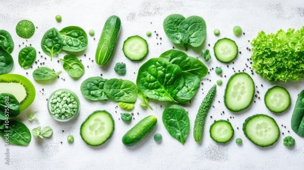 A collection of fresh green vegetables on a white background, with spinach, kale, and cucumbers in focus. A collection of fresh green vegetables on a white background, with spinach, kale, and cucumbers in focus.