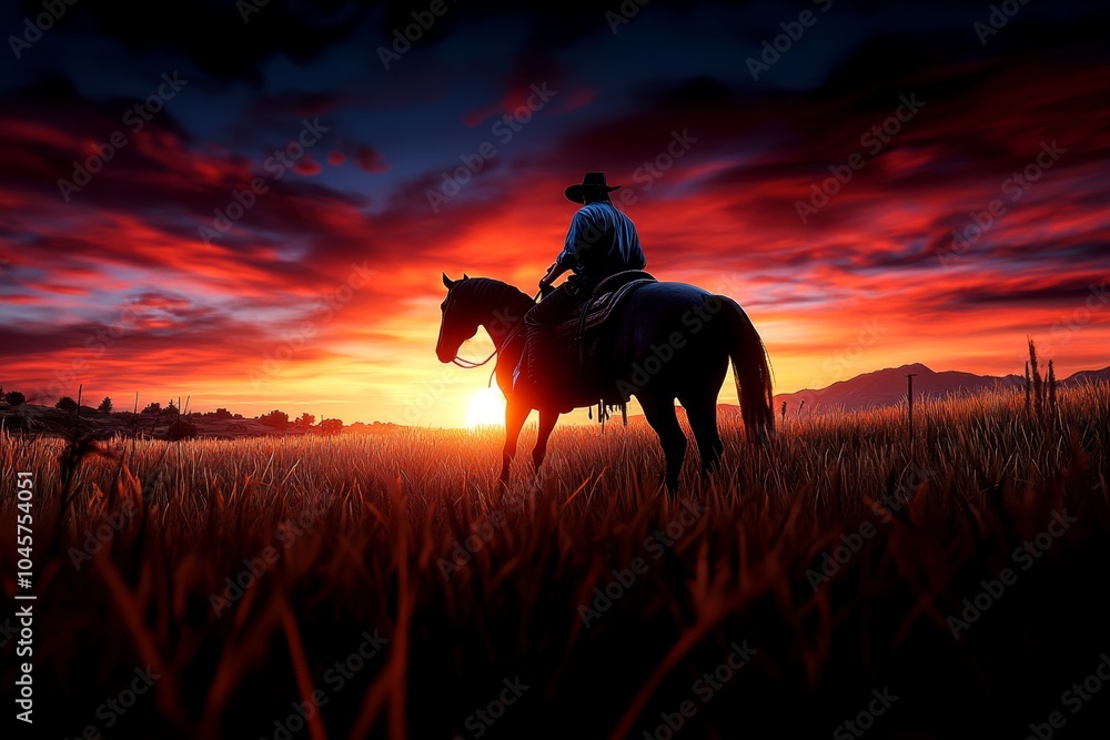 Fototapeta premium Hyper-realistic scene of a person riding a horse through a field at sunset, capturing the freedom and peace of living fully in nature
