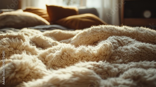 A close-up of soft, inviting blankets and pillows arranged cozily on a bed, creating a warm atmosphere.