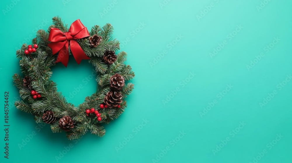 A beautifully crafted wreath featuring pinecones and bright red berries sits against a teal backdrop, creating a cheerful atmosphere perfect for celebrating the holiday season. A beautifully crafted wreath featuring pinecones and bright red berries sits against a teal backdrop, creating a cheerful atmosphere perfect for celebrating the holiday season.
