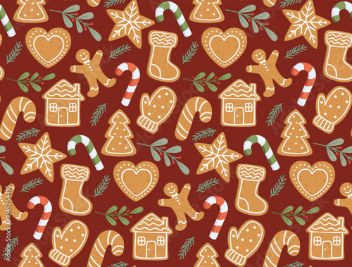 Seamless pattern with different shapes of gingerbread cookies. Colorful holiday background with sweets and plants